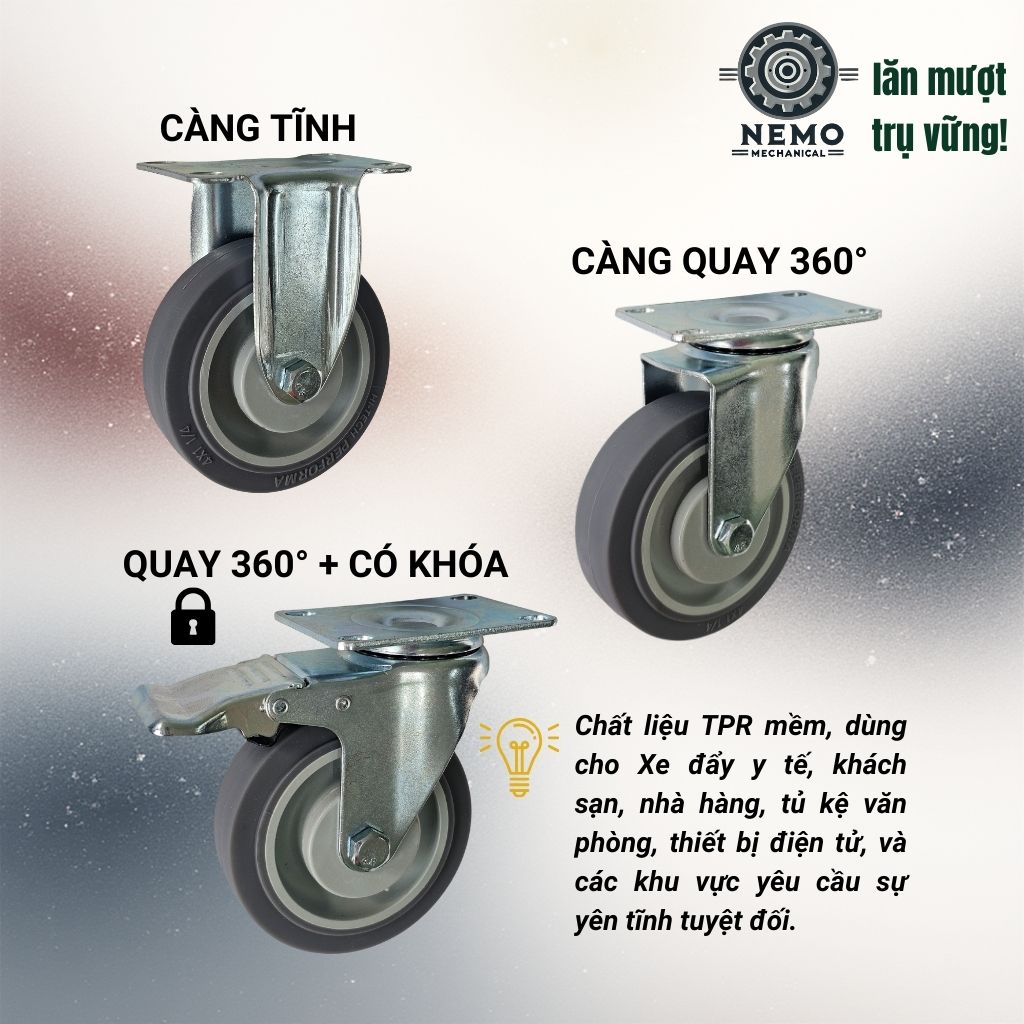Bánh Xe Cao Su TPR Xám – Giảm Ồn, Bảo Vệ Sàn Tuyệt Đối (D75, D100, D125)